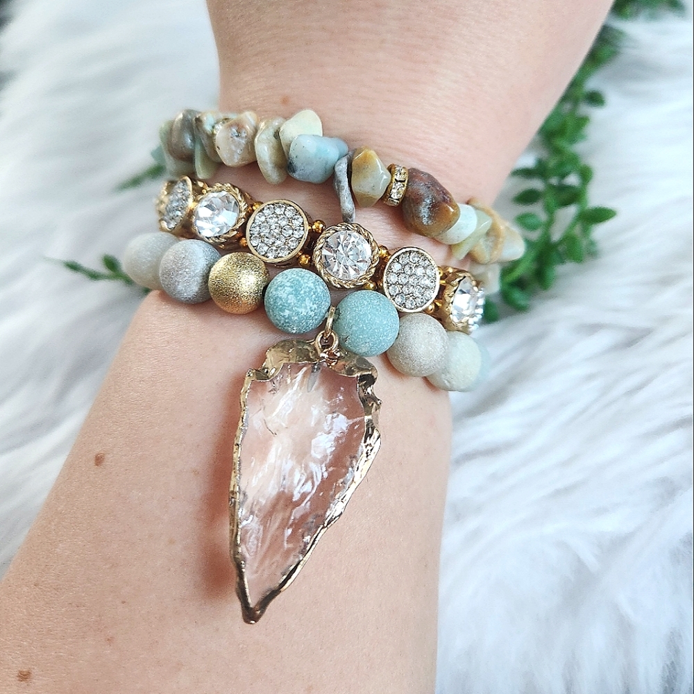 NWT Ryze 'Amber Pye' Natural Stone  Amazonite Arrowhead Staxx Bracelets-Set of 3 - Picture 9 of 9